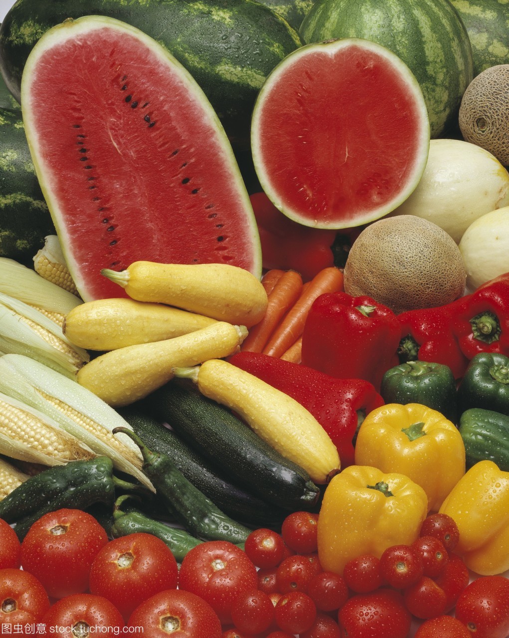 農業生產,什錦蔬菜和西瓜特寫鏡頭。